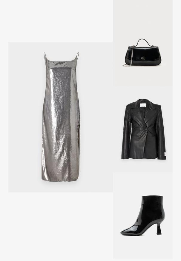 Schwarzer Lederblazer mit maßgeschneidertem Design, Ein-Knopf-Verschluss, fallenden Revers und Etikettendetail am linken Ärmelbündchen.; Silberne metallische Slipdress mit dünnen Trägern, glatter Textur und gerader Silhouette, die einen subtilen Glanz und ein minimalistisches Design aufweist.; Schwarzer glänzender Lackleder-Stiefelette mit spitzer Zehenpartie und ausgestelltem mittelhohem Absatz auf weißem Hintergrund.; Schwarze Lederhandtasche mit einer Kettenriemen, strukturierter Form und einem silbernen Logo-Akzent. Glatte Textur mit einem Klappenverschluss.