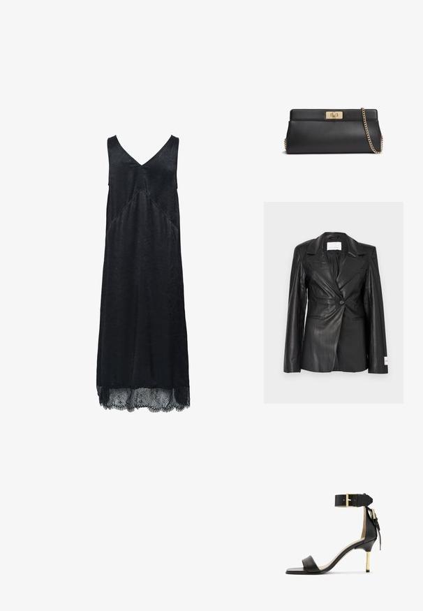 Sort læderblazer med skræddersyet design, enkeltknapslukning, hakkede revers og mærkedetaljer på venstre manchet.; Sort ærmeløs kjole med V-hals, tekstureret stof og blondedetalje i kanten. Har en diagonal syningsdetalje.; Sort læder hæl sandal med firkantet tå, ankelrem med en guldbuckle og en slank metallisk hæl. Glat tekstur, minimalistisk design.; Sort læderclutch med lås i guldmetal og en matchende guld kæderem til skulderen.
