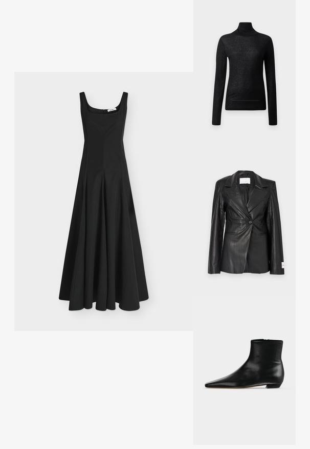 Schwarzer Lederblazer mit maßgeschneidertem Design, Ein-Knopf-Verschluss, fallenden Revers und Etikettendetail am linken Ärmelbündchen.; Schwarzes Langarm-Turtleneck-Oberteil aus leichtem Stoff, mit taillierter Passform und minimalen Nahtdetails, ideal zum Lagenlook.; Schwarzes ärmelloses langes Kleid mit quadratischem Ausschnitt und tailliertem Oberteil, das in einen weiten Rock ausläuft, auf schlichtem hellem Hintergrund dargestellt.; Schwarzer Lederknöchelstiefel mit spitzer Vorderkappe, niedrigem Keilabsatz und glatter Oberfläche, seitlich auf hellgrauem Hintergrund gezeigt.