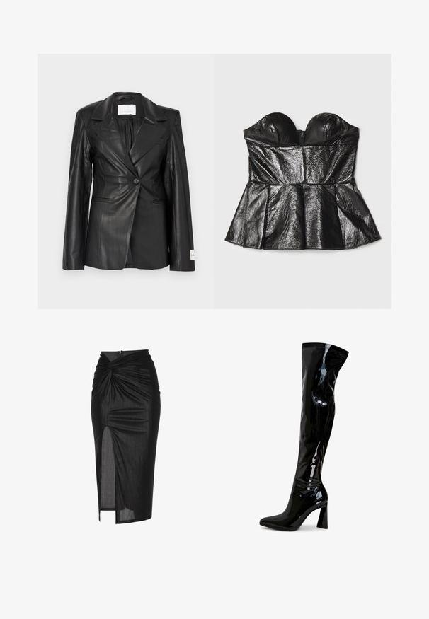 Sort læderblazer med skræddersyet design, enkeltknapslukning, hakkede revers og mærkedetaljer på venstre manchet.; Sara Battaglia SWEETHEART - Top - black; Sort midi nederdel lavet af strækbart stof, med et snoet frontdesign, sideslids og lynlåslukning bagpå.; Sorte laklæderstøvler, der går til låret, med spids snude, firkantet blokhæl og glat, blank tekstur. Ingen synligt hardware.