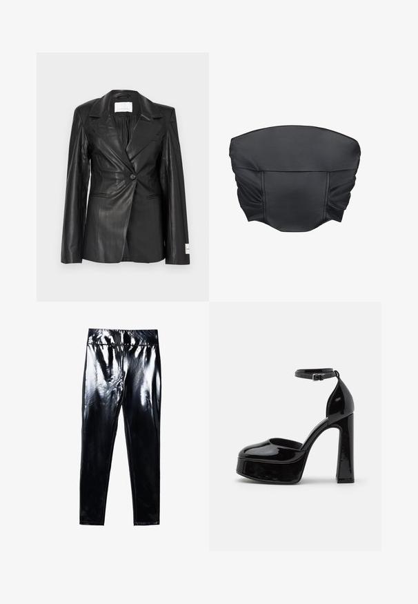 Sort læderblazer med skræddersyet design, enkeltknapslukning, hakkede revers og mærkedetaljer på venstre manchet.; Sorte faux læder cropped top med sammensat tekstur og en struktureret form, der har en glat overflade og minimale sydetaljer.; Sorte højglans leggings med en blank, glat overflade. Elastisk talje og tætsiddende design med en indsnævret benform.; Sorte patentlæder platform hæle med ankelrem, rund tå og blokhæl, der viser en glat, skinnende overflade.