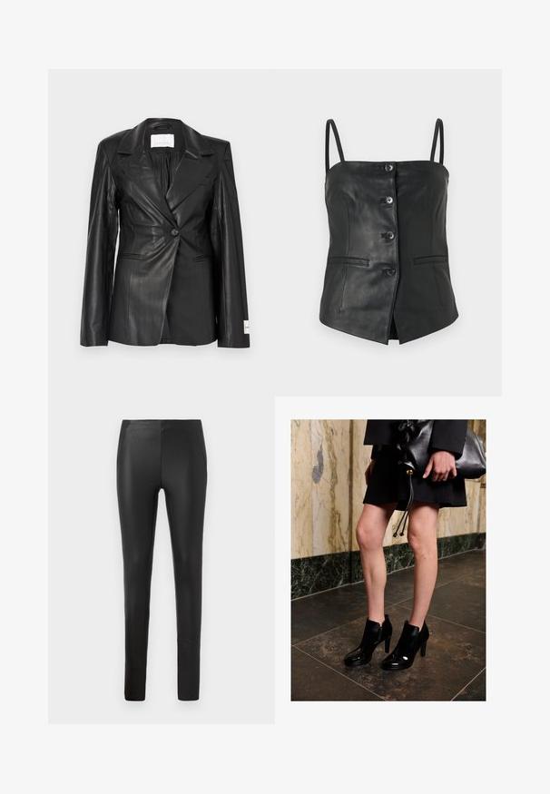 Zwarte leren blazer met een getailleerd ontwerp, enkele knoopsluiting, gespleten revers en labeldetails op de linker manchet.; Zwart mouwloos leren top met vier knopen aan de voorkant, dunne bandjes en twee horizontale zakflappen op een effen witte achtergrond.; Rekbare zwarte nepleren broek met een slim fit, voorzien van zijzakken en een soepele textuur, ontworpen voor een gestroomlijnde silhoeet.; Een vrouw draagt zwarte enkellaarzen en een zwarte rok, houdt een grote zwarte leren clutch vast, en staat op een donkere tegels vloer nabij een marmeren muur.