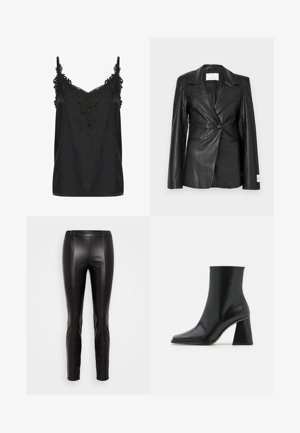 Schwarzer Lederblazer mit maßgeschneidertem Design, Ein-Knopf-Verschluss, fallenden Revers und Etikettendetail am linken Ärmelbündchen.; Schwarzes Top mit V-Ausschnitt und filigranen Spitzenverzierungen am Kragen. Mit Spaghetti-Trägern und einem glatten, leichten Stoff.; Schwarze Fleece-Leder-Leggings mit elastischem Bund, figurbetonter Silhouette, glatter Textur und Nahtdetails, die nach vorne verlaufen.; Schwarze Leder-Stiefelette mit quadratischem Zehendesign und klobigem, strukturiertem Absatz. Glatte Oberfläche ohne sichtbare Hardware oder Muster.