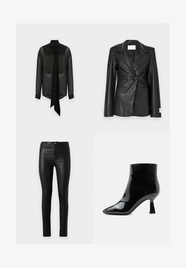 Sort læderblazer med skræddersyet design, enkeltknapslukning, hakkede revers og mærkedetaljer på venstre manchet.; Sort chiffon bluse med lang sløjfe, høj krave og lange ærmer. Gennemsigtig tekstur med solide sorte manchetter og afrundet kant.; Sorte skinny jeans lavet af skinnende materiale, med høj talje, baglommer og en foran lukning med knap og lynlås.; Sort blank laklæder ankelstøvle med spids tå og udvidet mellemhøj hæl på hvid baggrund.