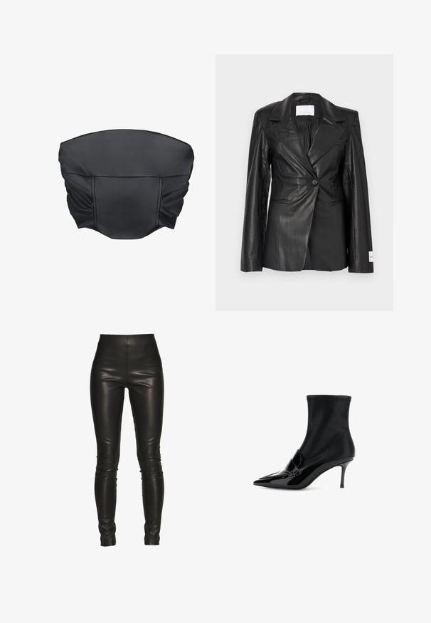 Zwarte leren blazer met een getailleerd ontwerp, enkele knoopsluiting, gespleten revers en labeldetails op de linker manchet.; Zwarte nep leren cropped top met geplooide textuur en een gestructureerde vorm, met een gladde oppervlakte en minimale stikdetails.; Zwarte leren legging met een hoge taille, slim fit, een gladde textuur en zonder zichtbare naden of hardware details.; Zwarte enkelboot gemaakt van glad leer, met een slanke, spitse neus, glanzende lakaccenten, een smalle stilettohak en een rekbare bovenkant.