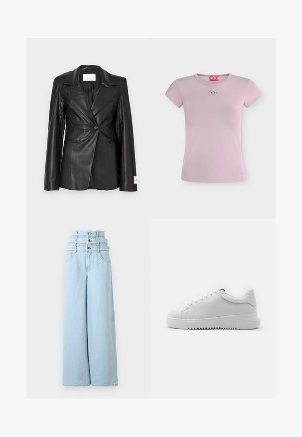 Blazer en cuir noir avec un design ajusté, fermeture à un bouton, revers crantés et étiquette sur le poignet gauche.; T-shirt ajusté rose clair à manches courtes avec un petit logo argenté sur la poitrine et une étiquette rouge Diesel à l'intérieur du col.; Jean bleu clair taille haute à jambes larges avec trois boutons visibles et poches avant sur un fond uni.; Baskets blanches avec une tige en cuir texturé, bout rond et lacets. Semelle en caoutchouc blanc épaisse avec un motif de traction texturé.