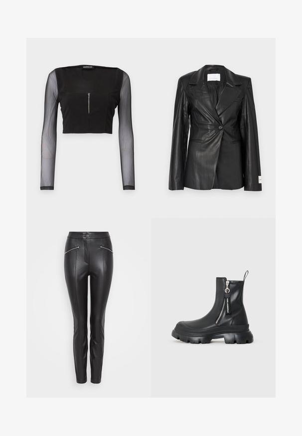 Sort læderblazer med skræddersyet design, enkeltknapslukning, hakkede revers og mærkedetaljer på venstre manchet.; Sort crop top med firkantet halsudskæring, fremstillet i uigennemsigtigt stof med gennemsigtige lange ærmer. Frontlynlås tilføjer detalje til designet.; Sorte læderbukser med slim fit, der har lodrette sømme, en lynlåslomme på hver side og en knaplukning i taljen.; KARL LAGERFELD TREKKA MAX - Støvletter m/ kilehæl - black