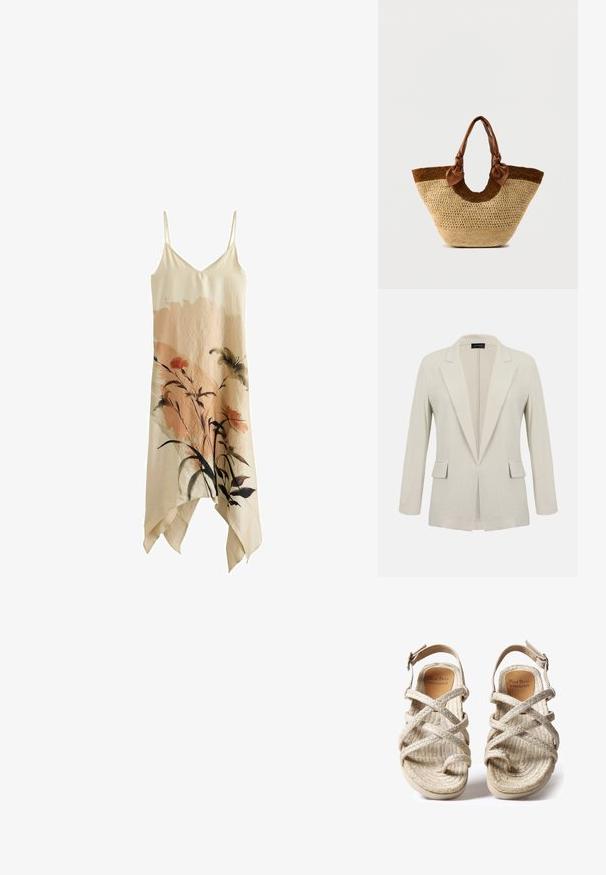 Beige skræddersyet blazer med hakkede revers, lange ærmer, to forlommer med klap og et åbent frontdesign.; Beige ærmeløs kjole med tynde stropper og lommetørklædekant, med blomstret print i sort, brunt og dæmpede rosa toner foran.; Beige flettede sandaler med krydsremdesignet, lavet af teksturerede naturlige fibre, med flad sål og justerbar ankelrem.; Flettet stråtaske med en base i naturlig farve, mørkebrun detalje og brune læderhåndtag med knudedetaljer i enderne.
