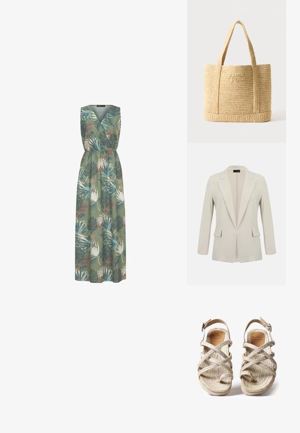 Beige skræddersyet blazer med hakkede revers, lange ærmer, to forlommer med klap og et åbent frontdesign.; Lang, grøn, ærmeløs kjole med v-udskæring. Har et blomstermønster af blade og blomster i blå, pink og cremede nuancer. Elastisk talje.; Beige flettede sandaler med krydsremdesignet, lavet af teksturerede naturlige fibre, med flad sål og justerbar ankelrem.; Beige flettet stråtaske med to skulderstropper og subtil kursiv broderi foran, sat mod en ensfarvet baggrund.
