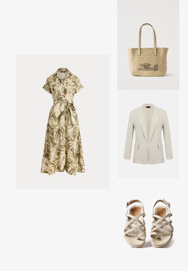 Blazer beige a medida con solapas con muesca, mangas largas, dos bolsillos delanteros con solapa y diseño de frente abierto.; Vestido midi de manga corta con botones en el frente, estampado de hojas tropicales en oliva y beige, y cinturón para atar en la cintura.; Sandalias tejidas en color beige con diseño de tiras cruzadas, fabricadas con fibras naturales texturizadas, que cuentan con una suela plana y una correa ajustable en el tobillo.; Bolso de mano de paja tejida con asas de cuero beige y el logo "Karl" en cursiva con contorno negro en el frente, sobre un fondo blanco liso.