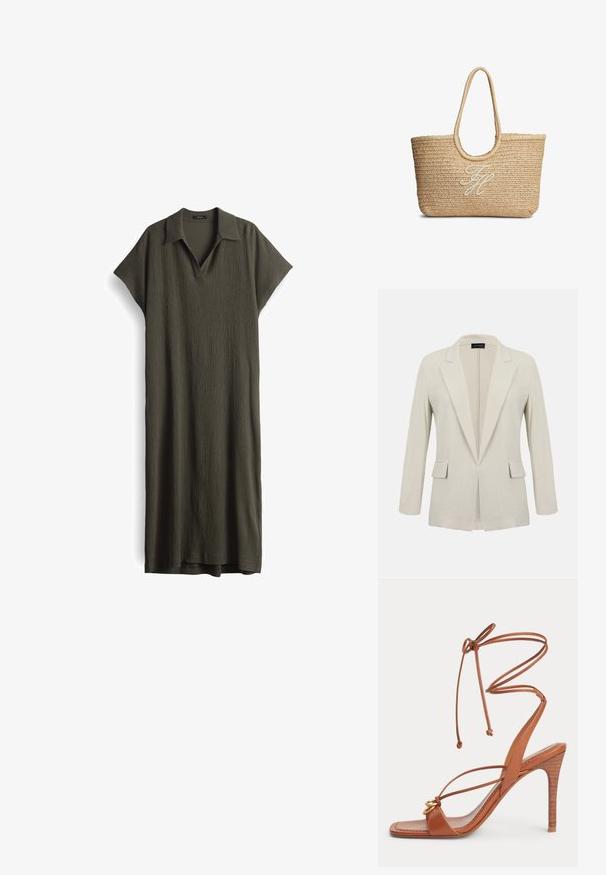 Beiger taillierter Blazer mit Kerb-Revers, langen Ärmeln, zwei vorderen Pattentaschen und offenem Frontdesign.; Olivenfarbendes Kleid aus strukturiertem Stoff, mit einem Kragen, kurzen Ärmeln und einem locker sitzenden, knöchellangen Design.; Braune Leder-Sandalette mit hohem Absatz, dünnen Riemen, Knöchelriemen, eckiger Schuhspitze und goldfarbenem Ringdetail am vorderen Riemen.; Geflochtener beiger Strohtasche mit abgerundeten Griffen und weißen, gestickten initialen in Schreibschrift auf der vorderen Mitte.