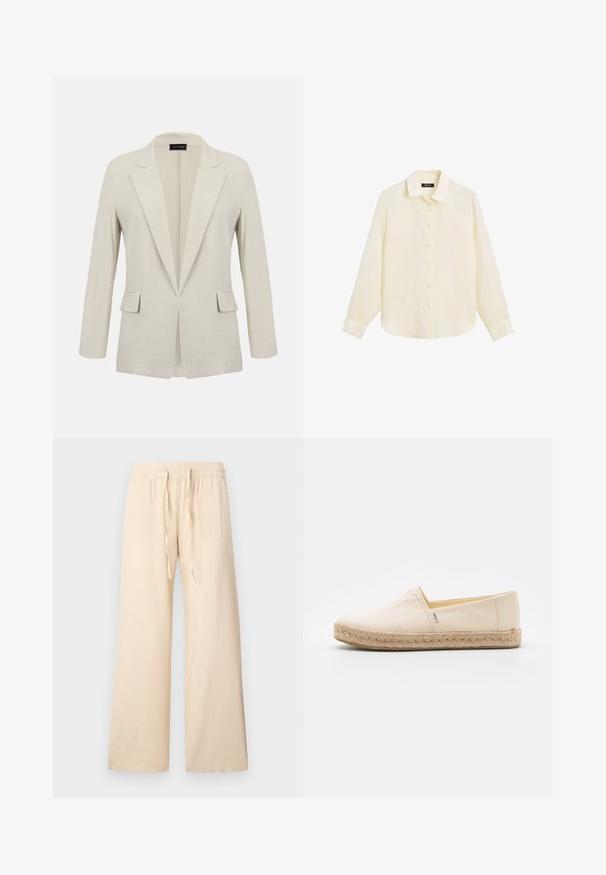 Beige op maat gemaakte blazer met inkeping revers, lange mouwen, twee voorflapzakken en een open voorkant.; Crèmekleurig overhemd met lange mouwen, knopen, kraag en manchetten, weergegeven op een witte achtergrond, label zichtbaar aan de binnenkant van de kraag.; Beige broek met wijde pijpen gemaakt van zacht materiaal, met een elastische taille en een trekkoord zonder zichtbare patronen of accenten.; Beige canvas instappers met een jute touwzool, met een gladde textuur en een eenvoudig ontwerp, zonder zichtbare hardware of patronen.