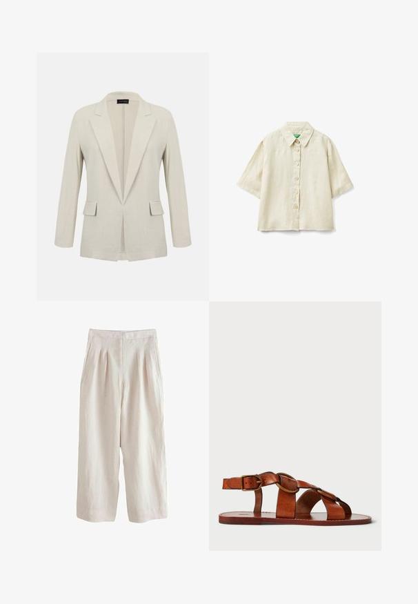 Beige op maat gemaakte blazer met inkeping revers, lange mouwen, twee voorflapzakken en een open voorkant.; Beige korte mouw blouse met kraag en vijf knopen, gemaakt van lichtgewicht stof, plat uitgestald op een witte achtergrond.; Lichtbeige linnenbroek met een wijde pijpdesign, featuring plooien aan de voorkant en zijzakken, wat zorgt voor een textuurafwerking.; Bruine leren sandaletten met een ontwerp van horizontale en ronde banden, platte zool en een metalen sluiting, met een gladde textuur.