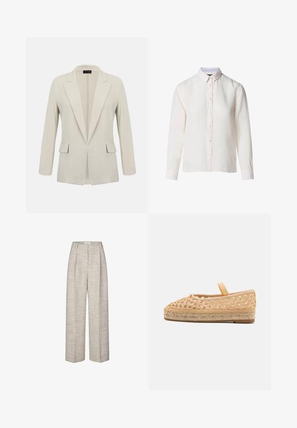 Blazer beige a medida con solapas con muesca, mangas largas, dos bolsillos delanteros con solapa y diseño de frente abierto.; Camisa blanca de manga larga con botones y cuello, con detalle de rayas en el interior del cuello, exhibida sobre un fondo blanco.; Pantalones de tiro alto en gris claro con una tela texturizada, piernas anchas y dos pliegues frontales. Con cierre de botón en la parte delantera y presillas para cinturón.; Loeffler Randall KAYLA - Alpargatas - natural