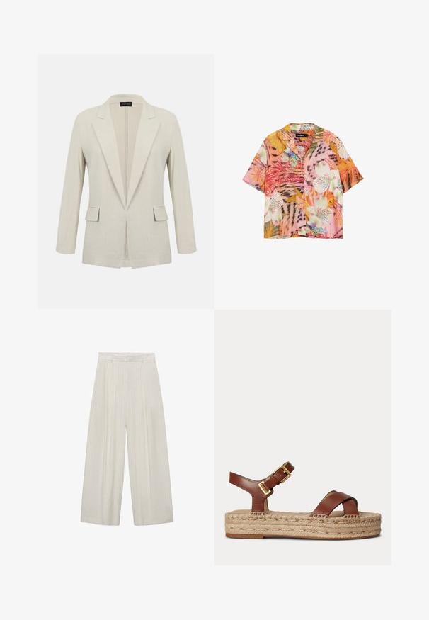 Beige skræddersyet blazer med hakkede revers, lange ærmer, to forlommer med klap og et åbent frontdesign.; Kortærmet skjorte med knapper, prydet med livlige tropiske blomster- og bladmønstre i toner af pink, orange, hvid og grøn.; Bredde bukser i lys beige med lodrette hvide striber. Har høj talje, plisseret front og glat tekstur.; Brun lædersandal med justerbar rem med guldbeslag og flettet jutesål med plateau mod en ensfarvet lys baggrund.