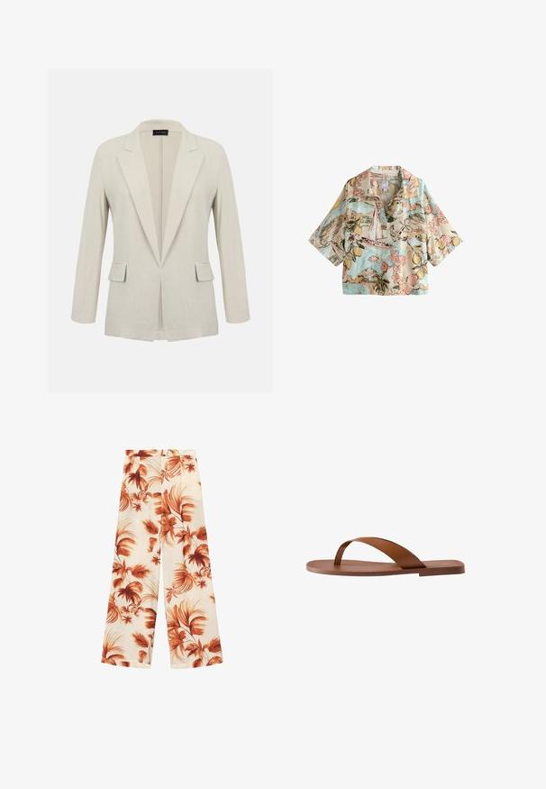 Beige skræddersyet blazer med hakkede revers, lange ærmer, to forlommer med klap og et åbent frontdesign.; Kortærmet skjorte med krave med sejlbåde, palmer, ankre, citroner og lyserøde blomster i pastelfarver på lyseblå og beige baggrund.; Vide benbukser i et let materiale, der har en off-white bund med store rustfarvede bladmønstre og en glat tekstur.; Brun flad sandal med en bred rem, der krydser foden, og en tåstrop, vist fra siden på en hvid baggrund.