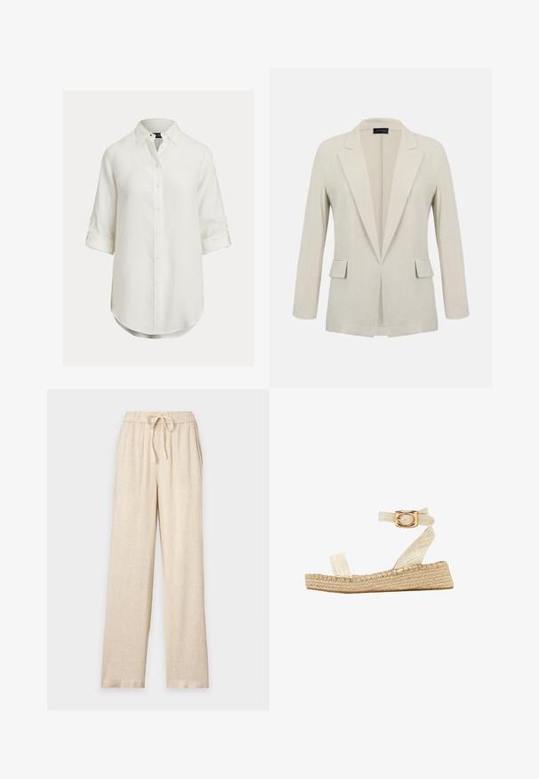 Beige skræddersyet blazer med hakkede revers, lange ærmer, to forlommer med klap og et åbent frontdesign.; Hvid hørskjorte med knaplukning, lange ærmer rullet op, buet kant og klassisk krave. Diskret tekstur, blødt stof.; Beige bukser med vide ben, elastisk talje og bindebånd, lavet af et let tekstureret stof.; South Beach TWO PART - Espadrilles - cream