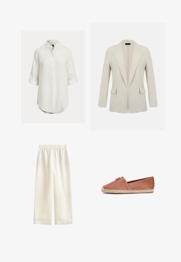 Beige op maat gemaakte blazer met inkeping revers, lange mouwen, twee voorflapzakken en een open voorkant.; Wit linnen overhemd met een button-down ontwerp, lange mouwen opgerold, afgeronde zoom en een klassieke kraag. Subtiele textuur, zachte stof.; GANT BLEND PULL ON PANTS - Broek - eggshell; Bruine leren espadrille met een gevlochten juten zool. Heeft een gladde afwerking, een afgeronde neus en een klein metalen detail op het bovendeel.