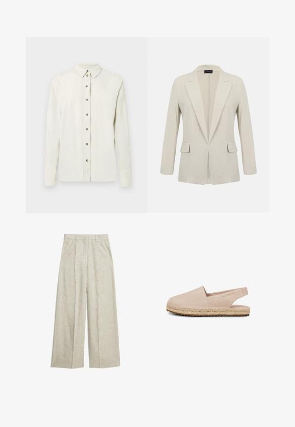 Beige op maat gemaakte blazer met inkeping revers, lange mouwen, twee voorflapzakken en een open voorkant.; Lichtbeige overhemd met lange mouwen, gemaakt van gestructureerde stof, voorzien van een knoopsluiting met metalen knopen en een klassieke kraag.; Beige linnen broek met wijde pijpen en een geplooide voorkant, met een hoge taille en strakke lijnen, perfect voor ademend comfort.; Beige suède espadrille met gesloten neus, slingerriem aan de achterkant, gevlochten jutezool en rubberen buitenzool, zijaanzicht op witte achtergrond.