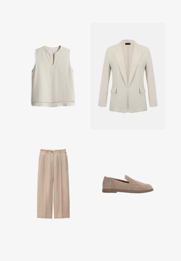 Beige op maat gemaakte blazer met inkeping revers, lange mouwen, twee voorflapzakken en een open voorkant.; Beige mouwloze blouse met een V-hals, gemaakt van soepele stof, met een decoratieve stiksel langs de zoom voor extra detail.; Beige broek met wijde pijpen, met vooraan knoop- en ritssluiting, ceintuurlussen en zijzakken, gemaakt van gestructureerde stof.; Taupekleurige suède instapslof met lage platte zool en afgeronde neus, linkerzijaanzicht op witte achtergrond.