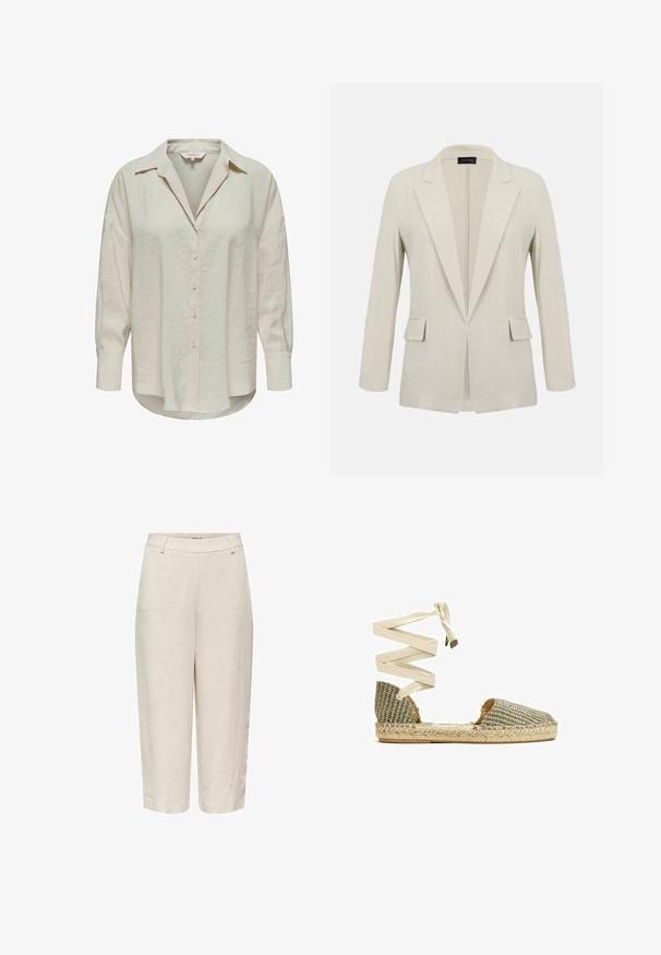 Blazer beige a medida con solapas con muesca, mangas largas, dos bolsillos delanteros con solapa y diseño de frente abierto.; Camisa abotonada de color beige claro con cuello, mangas largas y tela ligeramente texturizada. Presenta un dobladillo curvado y botones en el frente.; Pantalones de corte corto beige de talle alto con trabillas para cinturón, piernas rectas y acabado de tela texturizada.; Sandalia plana estilo espadrille con parte superior de tela tejida y cordones para atar en el tobillo en beige con suela de yute natural sobre fondo blanco.