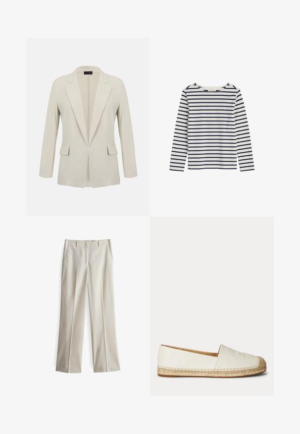 Beige op maat gemaakte blazer met inkeping revers, lange mouwen, twee voorflapzakken en een open voorkant.; Wit shirt met lange mouwen en horizontale marineblauwe strepen, met een ronde hals, plat neergelegd op een witte achtergrond.; Lichtbeige wijde broek van katoenstof. Beschikt over zijzakken en een glad, recht vooraan ontwerp, met een lichte kreukelstructuur.; Witte instapespadrille met gevlochten jutezool en gestikte details langs de randen, gezien van de buitenkant.