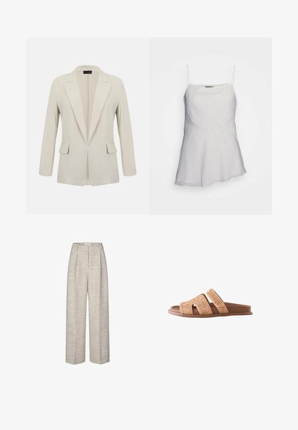 Beiger taillierter Blazer mit Kerb-Revers, langen Ärmeln, zwei vorderen Pattentaschen und offenem Frontdesign.; Weißes, ärmelloses Top mit dünnen Trägern, lockerer Passform und asymmetrischem Design. Hergestellt aus einem glatten, leichten Stoff.; Hellgraue, hochtaillierte Hose aus strukturiertem Stoff mit weitem Bein und zwei vorderen Falten. Sie verfügt über einen vorderen Knopfverschluss und Gürtelschlaufen.; Flache braune Slidesandale mit zwei breiten geflochtenen Riemen und gepolsterter Sohle, seitlich auf weißem Hintergrund gezeigt.