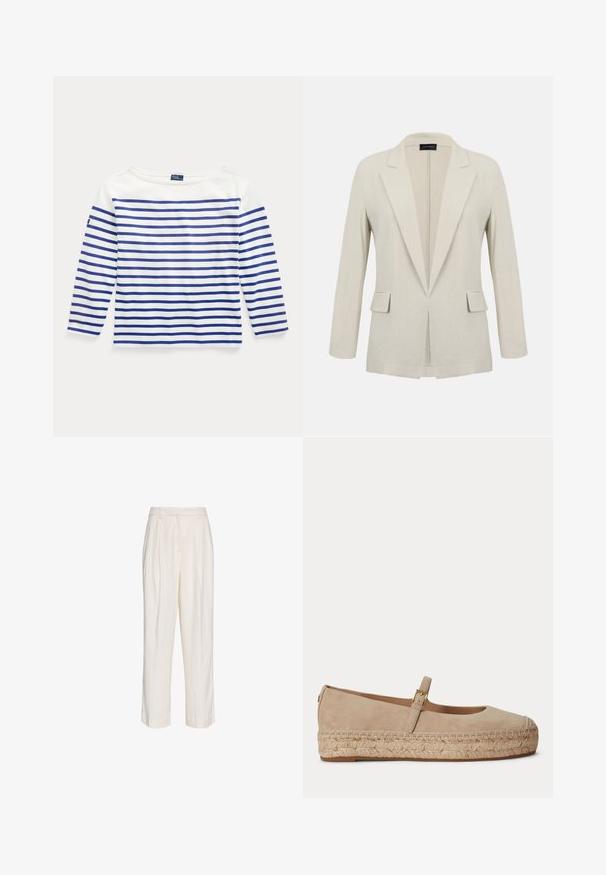 Beige op maat gemaakte blazer met inkeping revers, lange mouwen, twee voorflapzakken en een open voorkant.; Lange mouw top in witte katoen met horizontale blauwe strepen. Heeft een bootnek en een klein logolabel op de linkermouw.; Witte, op maat gemaakte broeken met hoge taille, plooien, ceintuurlussen en rechte pijpen, afgebeeld op een effen witte achtergrond.; Beige suède Mary Jane platte schoen met een geweven jute plateauzool en een kleine gouden gesp op het riempje.