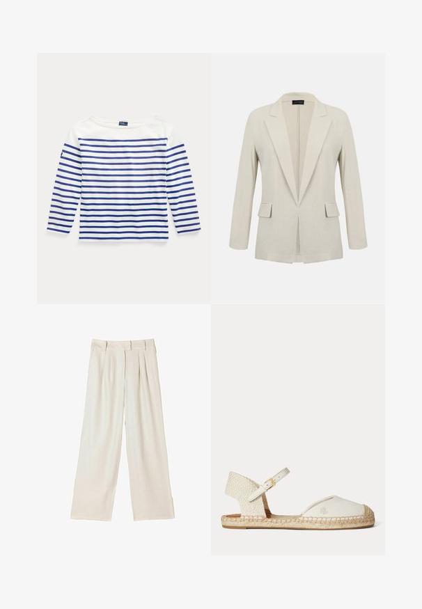 Blazer beige a medida con solapas con muesca, mangas largas, dos bolsillos delanteros con solapa y diseño de frente abierto.; Camiseta de manga larga en algodón blanco con rayas azules horizontales. Presenta un escote barco y una pequeña etiqueta con el logo en la manga izquierda.; Pantalones de pierna ancha en tela beige claro, con doble pinza en la parte delantera y corte recto, de textura suave y sin herrajes visibles.; Sandalia espadrille blanca con tacón trenzado, correa en el tobillo con hebilla dorada y logo "RL" en la puntera de lona, suela plana de yute.