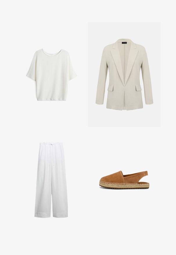 Beige op maat gemaakte blazer met inkeping revers, lange mouwen, twee voorflapzakken en een open voorkant.; Witte top met korte mouwen en een ronde hals, gemaakt van een gestructureerde, geweven stof en met een losse pasvorm, geschikt voor casual kleding.; Loszittende witte linnen broek met wijde pijpen en een elastische tailleband met trekkoord.; Bruine suède espadrille sandaal met slingback bandje en gevlochten jute zool, platte rubberen buitenzool en "Marc O'Polo" in reliëf aan de zijkant.