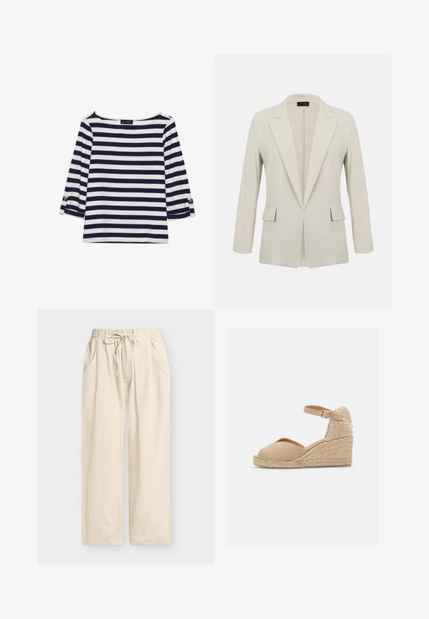 Blazer beige sur mesure avec revers crantés, manches longues, deux poches à rabat à l'avant et un design ouvert à l'avant.; Haut rayé bleu marine et blanc à manches longues avec un col bateau et des accents de boutons dorés sur les manches retroussées. Tissu doux, coupe décontractée.; Pantalon beige à coupe ample avec taille élastique, cordon de serrage réglable et poches latérales, présenté sur un fond uni.; Castañer BIANCA - Espadrilles - sand