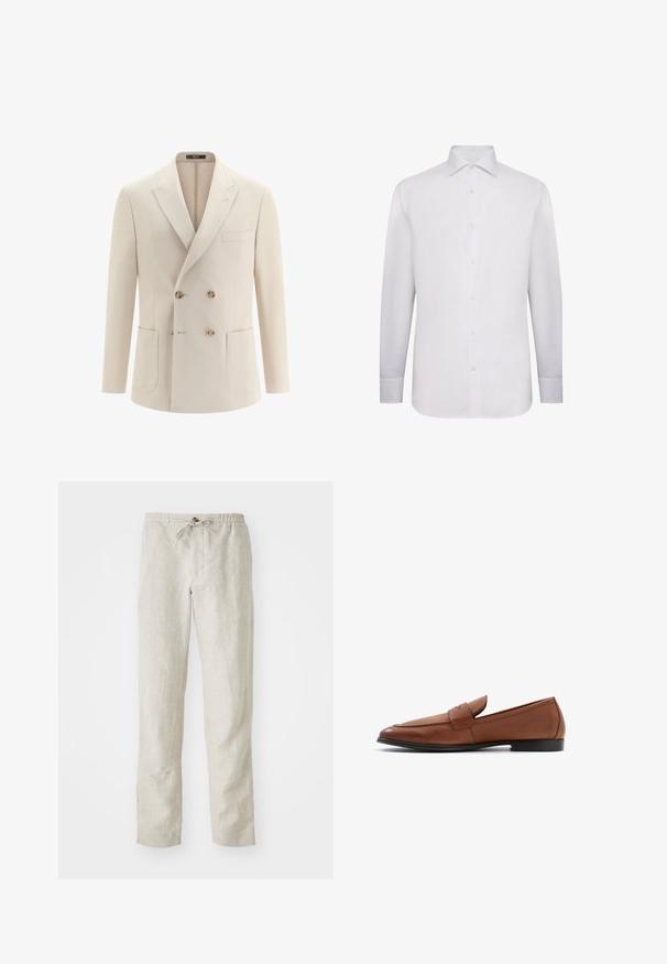 Veste beige croisée à larges revers, dotée de quatre boutons en écaille, deux poches plaquées et une poche poitrine, présentée sur fond blanc.; Chemise blanche à manches longues en tissu lisse. Dotée d'un col classique, d'une fermeture à boutons sur toute la longueur et de poignets à boutons. Pas de motifs ni d'accents.; Pantalons en lin beige clair avec une coupe droite, une taille élastique, un cordon de serrage ajustable et sans motifs ni accessoires visibles.; Mocassins en cuir marron avec une silhouette basse, un bout rond et des détails en couture sur le devant. Semelle noire solide avec une finition lisse.