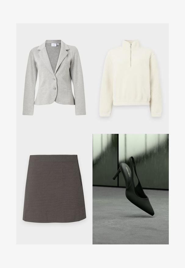 Lysegrå dameblazer med hakrevers, to knapper, lange ærmer og to forlommer, lavet af tekstureret stof.; Cremefarvet fleece-pullover med høj krave og for-lynlås. Teksturen er blød og fluffy, med ribbede manchetter og kant.; Lige skåret mini-skjørt med små sorte og grå houndstooth mønster, uden synlige pynt eller lommer.; Sort slingback sko med høj hæl, spids tå og ankelrem, mærket "ANNA FIELD", svævende let over en grå overflade.