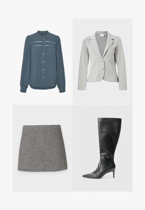 Hellgrauer Damenblazer mit Kerbkragen, zwei Knöpfen, langen Ärmeln und zwei Vorder Taschen, hergestellt aus strukturiertem Stoff.; Langärmlige tealfarbene Bluse mit Knopfleiste vorne, rundem Kragen, gerafftem Passement mit Spitzenbesatz über der Brust und Ärmeln mit Bündchen.; Rock mit Fischgrätenmuster aus grauem Stoff, mit figurbetonter Silhouette, glatter Textur und einem sauberen, geraden Saum.; Schwarze kniehohe Lederstiefel mit schlankem Absatz, spitz zulaufender Spitze und Riemendetails am Knöchel. Glatte Textur und eng anliegendes Design.