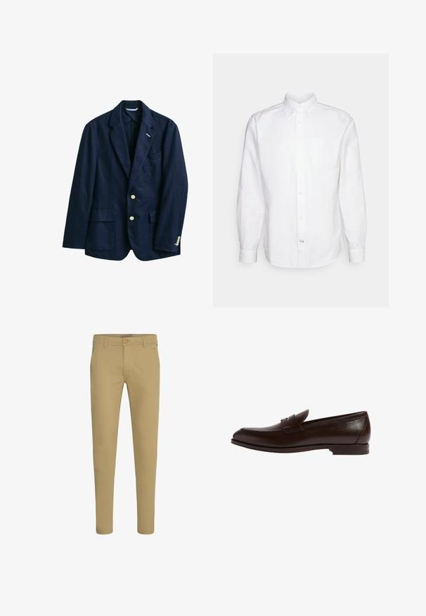 Navyblauwe herenjasje met twee witte knopen, inkeping revers, twee voorzakken en een knoopmanchet, op een witte achtergrond.; GAP STANDARD OXFORD - Overhemd - white; Beige slim-fit chinos met knoop- en ritssluiting, schuine voorzakken en riemlussen, afgebeeld op een witte achtergrond.; Bruine leren loafers met een ronde neus, gestikte details en een discrete bandaccent. Slank profiel met een platte rubberen zool.
