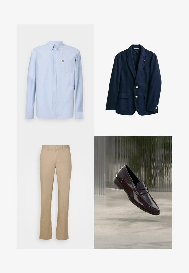 Marineblauer Herrenblazer mit zwei weißen Knöpfen, Stegkragen, zwei Vorderfächern und geknöpftem Ärmelbündchen auf weißem Hintergrund.; Hellblaues Langarmhemd mit Button-Down-Kragen, Brusttasche und gesticktem Logo. Hergestellt aus strukturiertem Baumwollstoff.; Beige gerade geschnittene Hosen aus Baumwollstoff mit flachem Bund und Gürtelschlaufen. Mit einem einzelnen Knopfverschluss und umgeschlagenen Säumen.; Braune Leder-Loafer mit glänzendem Finish, die eine erhabene Naht und ein kleines ausgestanztes Detail an der Vorderseite aufweisen, sowie eine flache schwarze Sohle.