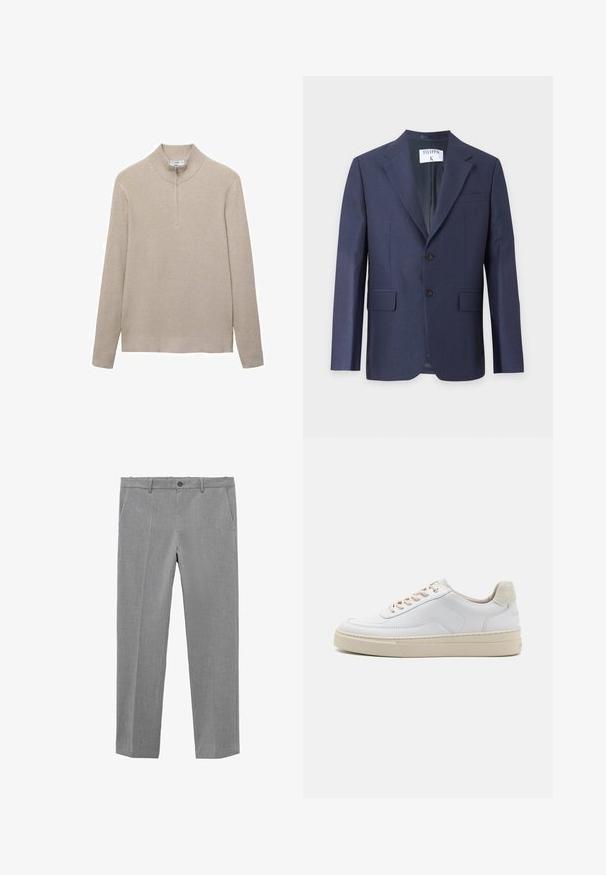 Marineblå herreblazer med hakrevers, to-knaps lukning foran, klaplommer og en brystlomme på en ensfarvet baggrund.; Beige ribbet striktrøje med høj krave og lynlås i halv længde. Lange ærmer og en tætsiddende kantdesign fremhæver det strukturerede udseende.; Lys grå lige ben dressbukser med bæltestropper, sidelommer, lynlås foran og knaplukning.; Hvide sneakers med en glat læderoverdel, beige snørebånd og en tekstureret beige ruskindsheel-tab. Hævet sål for ekstra højde.
