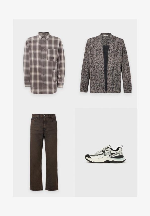 Langærmet jakke med åben front i beige og sort plettet mønster og synlig sort ternet foring indeni.; Langærmet skjorte i brunt og beige ternet design med to forlommer og spidse krave.; Mørkebrune jeans med lige ben, forlommer, bæltestropper og knaplukning foran på en ensfarvet baggrund.; Kraftig atletisk sneaker med mesh-overdel i hvid og sort, med strukturerede detaljer og et karakteristisk logo. Tykt gummisål for støtte.