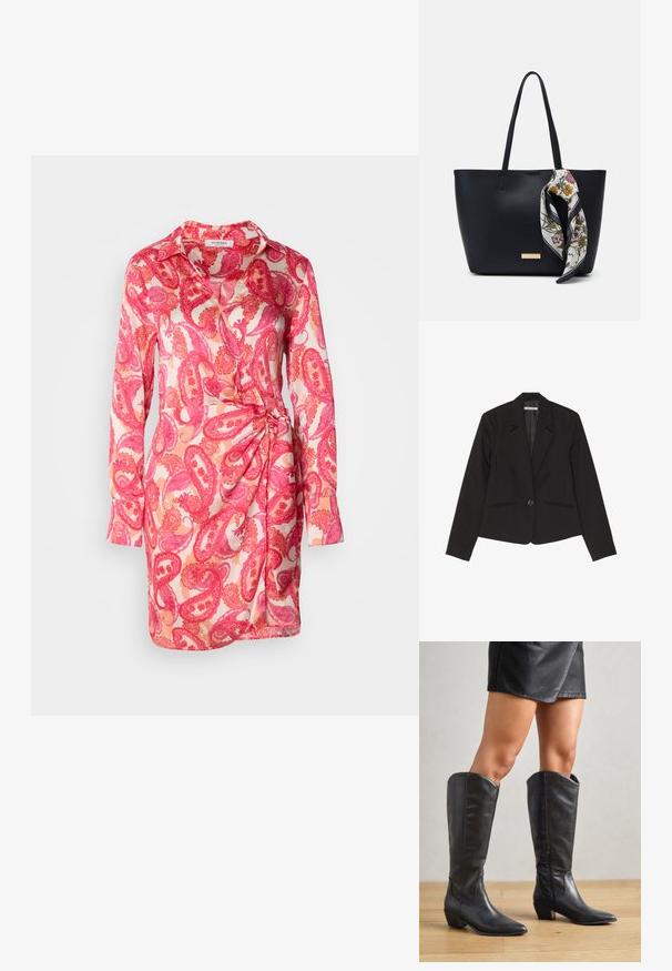 Blazer negro de tejido estructurado, con cierre de un solo botón, solapas de muesca y dos bolsillos frontales con costuras sutiles.; Vestido de manga larga en tejido ligero con un estampado de paisley rosa, que presenta un cuello con solapa y un detalle anudado en el costado.; Botas negras hasta la rodilla, hechas de cuero suave, con punta afilada, tacón bajo cuadrado y cremallera lateral para facilitar el uso.; Bolso de tote de cuero negro con dos asas, decorado con una bufanda de seda floral atada en el asa y un acento metálico con el logotipo en el frente.