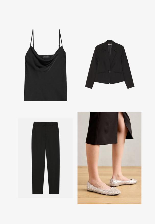 Zwarte blazer van gestructureerde stof, voorzien van een enkele knoopsluiting, notch-klepels en twee voorzakken met subtiele stiksels.; Zwarte cami-top met een colhals en dunne verstelbare bandjes. Heeft een zachte stof, relaxed fit en een eenvoudig ontwerp zonder versieringen.; Zwarte broek met een tailormade ontwerp, voorzien van zijzakken en een rechte pijp. Gemaakt van een soepele, lichte stof met een strakke afwerking.; Beige sequined balletschoenen met een ronde neus, voorzien van een strikaccent, gecombineerd met een zwarte rok, gepresenteerd op een houten vloer.