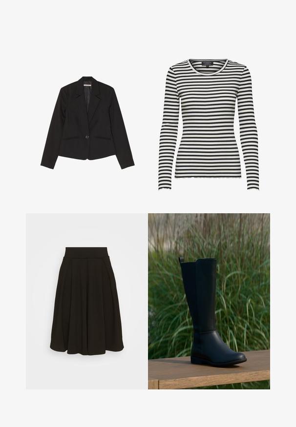 Zwarte blazer van gestructureerde stof, voorzien van een enkele knoopsluiting, notch-klepels en twee voorzakken met subtiele stiksels.; Zwart-wit horizontaal gestreept geribd shirt met lange mouwen, ronde halslijn en gegolfde randen aan mouwen en zoom.; Zwarte geplooide rok met een brede, elastische tailleband. Gemaakt van een zacht materiaal, met een knielange zoom en een gladde textuur.; Zwarte kniehoge laars van glad leer met een ronde neus en platte zool. Heeft een eenvoudig ontwerp met een lusje aan de bovenzijde.