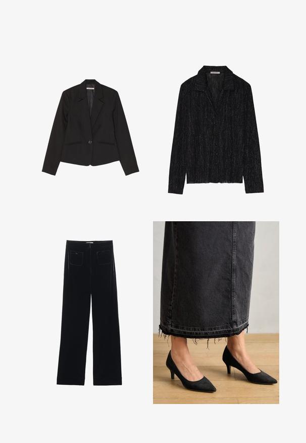 Zwarte blazer van gestructureerde stof, voorzien van een enkele knoopsluiting, notch-klepels en twee voorzakken met subtiele stiksels.; Zwarte langarm jas met een gestructureerd, sprankelend oppervlak. Beschikt over een kraag en een knoopsluiting aan de voorkant.; Zwarte fluwelen wijde broek met twee achterzakken en een gladde textuur, met een rechte snit en afgewerkte zoom bij de enkels.; Zwarte suède pumps met een spitse neus en een hak van 7,5 cm, in combinatie met een lange, donkere spijkerrok met rafelige uiteinden.