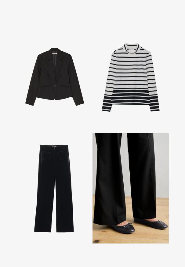Sort blazer lavet af struktureret stof, med enkelt knaplukning, notched klapper og to forreste lommer med diskret syning.; Langærmet bluse lavet af bomuld, med vandrette sorte og hvide striber, en høj mock neck og en afslappet pasform med sidesplits.; Sorte velour bredbukser med to baglommer og en glat tekstur, der har en lige skæring og syede afslutninger ved anklerne.; Sort bukser med bredde ben og en struktureret overflade, parret med flade sko med en sløjfe og et subtilt krokodillepræget design i sort.