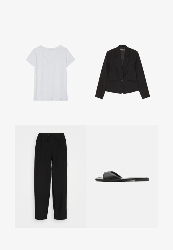 Blazer negro de tejido estructurado, con cierre de un solo botón, solapas de muesca y dos bolsillos frontales con costuras sutiles.; Camiseta blanca de cuello en V con mangas cortas, hecha de un tejido ligero, con una textura suave y un corte relajado. Sin patrones ni detalles.; Pantalones deportivos negros con cintura elástica y cordón. Presentan un ajuste relajado y un diseño de pierna recta. Tejido suave sin patrones.; Las chanclas negras cuentan con un material sintético suave, diseño de punta abierta y una suela plana con una tira de acento mínima en el costado.