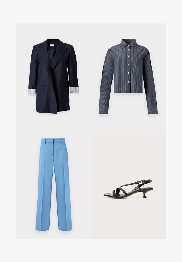 Blazer bleu marine avec revers crantés, deux poches avant à rabat et poignets rayés blancs retournés sur des manches longues.; Chemise courte gris foncé à fines rayures blanches verticales, manches longues, col pointu et poche poitrine avant.; Pantalon droit bleu clair ajusté avec passants pour ceinture et fermeture éclair à l'avant, présenté sur un fond blanc.; Sandale noire en cuir à brides fines, talon bas kitten, boucle à la cheville et petit pendentif doré sur fond clair uni.