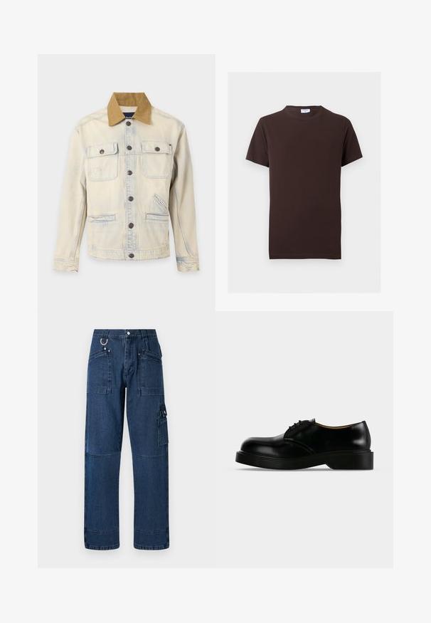 Beige denimjakke med brun krave, knaplukning foran, to brystlommer med klapper og to nederste sidelommer.; Enkelt mørkebrunt t-shirt med korte ærmer og rund hals, med slank pasform og et lille hvidt mærke inde i kraven.; Mørkeblå denim cargo bukser med lige snit, der har flere lommer, metalbeslag og kontraststikningsdetaljer.; Sort poleret læder snørestøvle med tyk sål, rundet tå og lav hæl, vist fra siden på en ensfarvet baggrund.