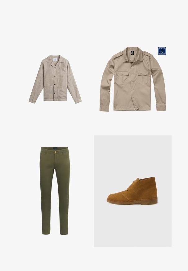 Beige linnen overhemd met lange mouwen, knopen, kraag en drie voorzakken, plat gelegd op een witte achtergrond.; Lichtbeige overhemd met lange mouwen, knoopsluiting, twee voorzakken, schouderepauletten en waterafstotende stof.; Olijfgroene broek van zachte katoenmix, met een sluiting met knoop aan de voorkant, riemlussen en een slim fit ontwerp.; Bruine suède enkellaars met twee oogjes en een crepézool op een effen lichtgrijze achtergrond.