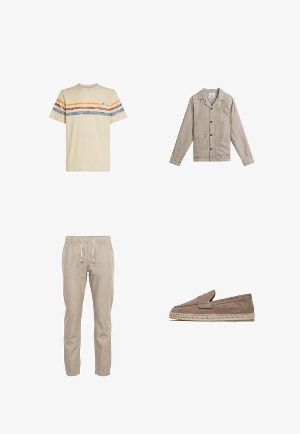 Beige langærmet linnedskjorte med knapper, krave og tre forlommer, lagt fladt på en hvid baggrund.; Cremefarvet bomulds t-shirt med horisontale striber i orange, rød og blå. Korte ærmer, rund halsudskæring og lille logo-detail på brystet.; Beige letvægtsbukser med elastisk talje, snøre og tapered ben, der afsluttes med elastiske manchetter. Enkel, glat stoftekstur.; FRED MARTIN COLLECTION MARBELLA - Espadrilles - taupe suede
