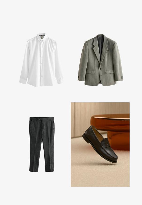 Blazer homme gris à fines rayures, un bouton, cols crantés, poches à rabats et doublure noire, présenté sur fond blanc.; Chemise blanche à manches longues en coton, dotée d'un col classique, de boutons sur le devant et d'une finition droite avec des poignets.; Next TEXTURED - SLIM FIT - Chino - grey; Chaussure mocassin en cuir noir suspendue au-dessus d’un tapis beige avec du mobilier moderne couleur ambre en arrière-plan.
