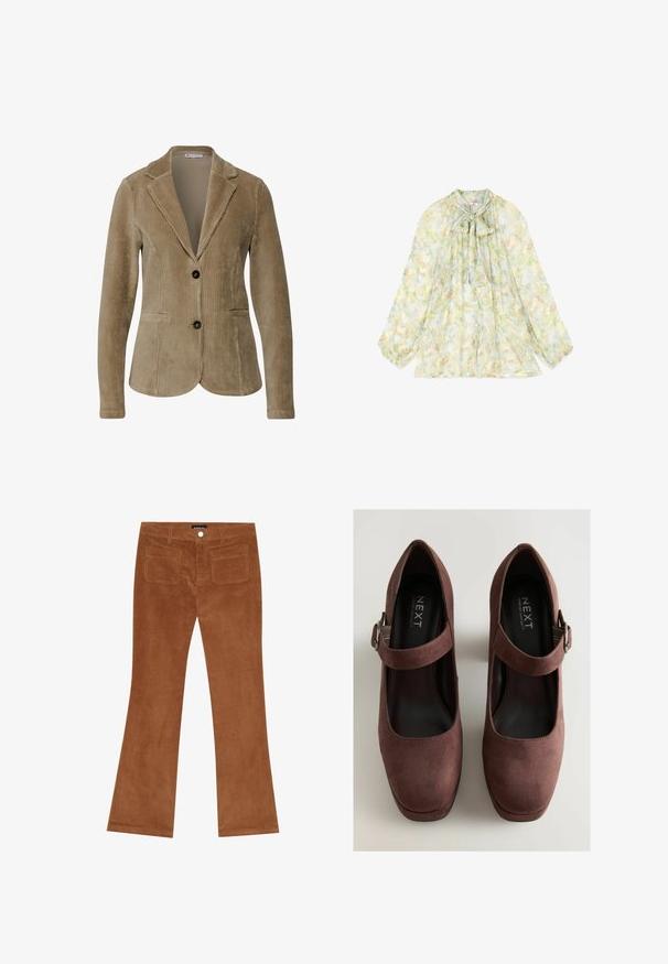 Bruine corduroy blazer met een reverskraag, twee knopen en frontzakken; voorzien van verticale ribbels en een gladde binnenvoering.; Transparante blouse met lange mouwen in pastelkleurig bloemenpatroon, knoopsluiting aan de voorkant en een strik bij de hals.; Bruine corduroy flared broek met ribbelstructuur, sluiting met knoop aan de voorkant en twee achterzakken.; Bruine suede Mary Jane schoenen met een ronde neus, enkelbandje en een lage plateauhak, en voorzien van een gevoerde binnenkant voor comfort.
